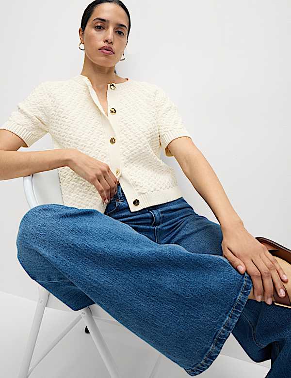 Cotton Blend Textured Button Front Cropped Cardigan - FR