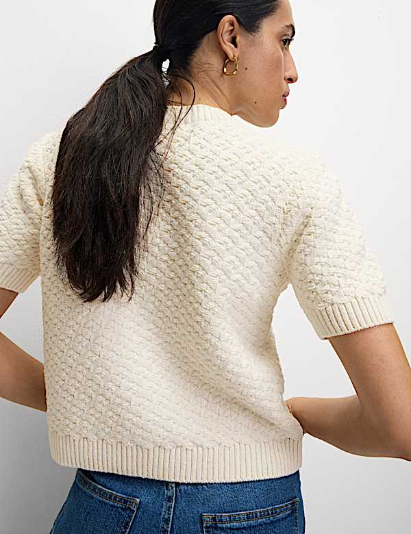 Cotton Blend Textured Button Front Cropped Cardigan - FR