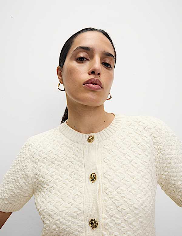 Cotton Blend Textured Button Front Cropped Cardigan - FR