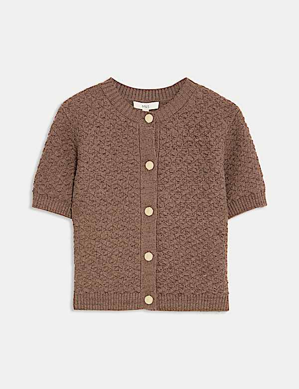 Cardigan court en coton m&eacute;lang&eacute; textur&eacute; et boutonn&eacute; sur le devant - CA
