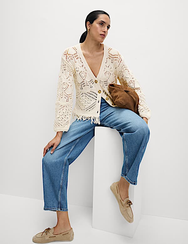 Cotton Blend Knitted V-Neck Fringe Cropped Cardigan - MX
