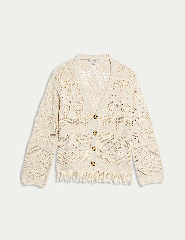 Cotton Blend Knitted V-Neck Fringe Cropped Cardigan - MX