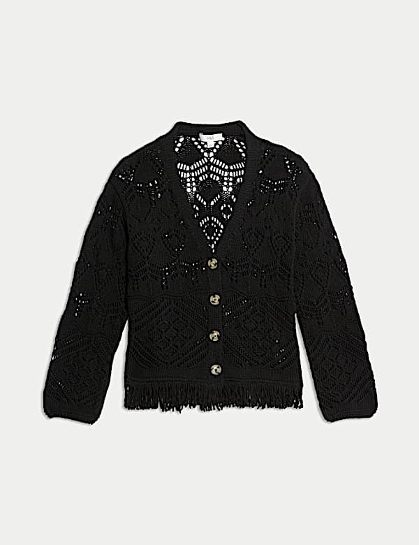 Cotton Blend Knitted V-Neck Fringe Cropped Cardigan - JE