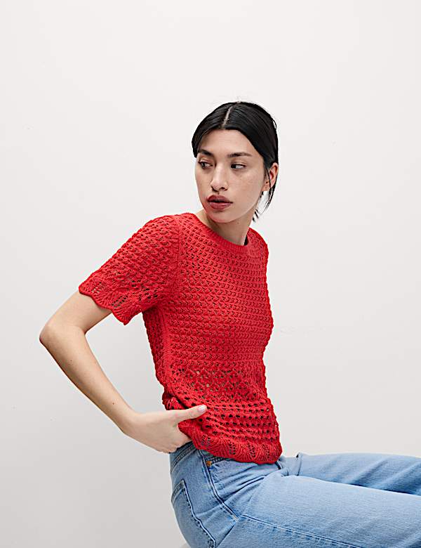 Cotton Blend Pointelle Scallop Edge Knitted Top - ID