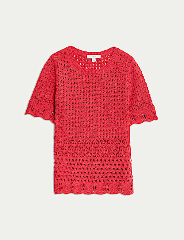 Cotton Blend Pointelle Scallop Edge Knitted Top - ID