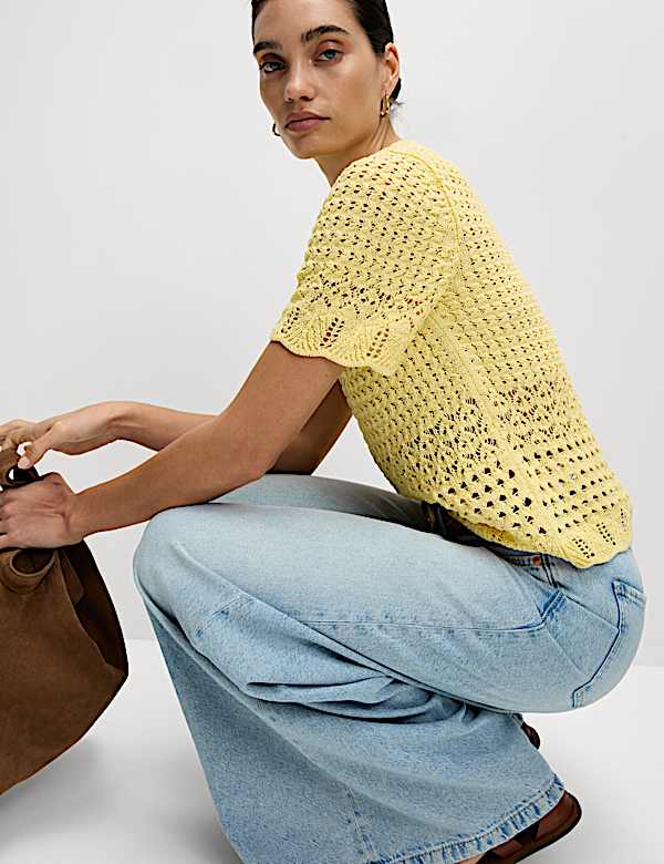 Cotton Blend Pointelle Scallop Edge Knitted Top - AT