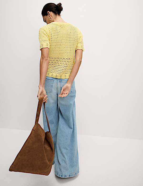 Cotton Blend Pointelle Scallop Edge Knitted Top - AT