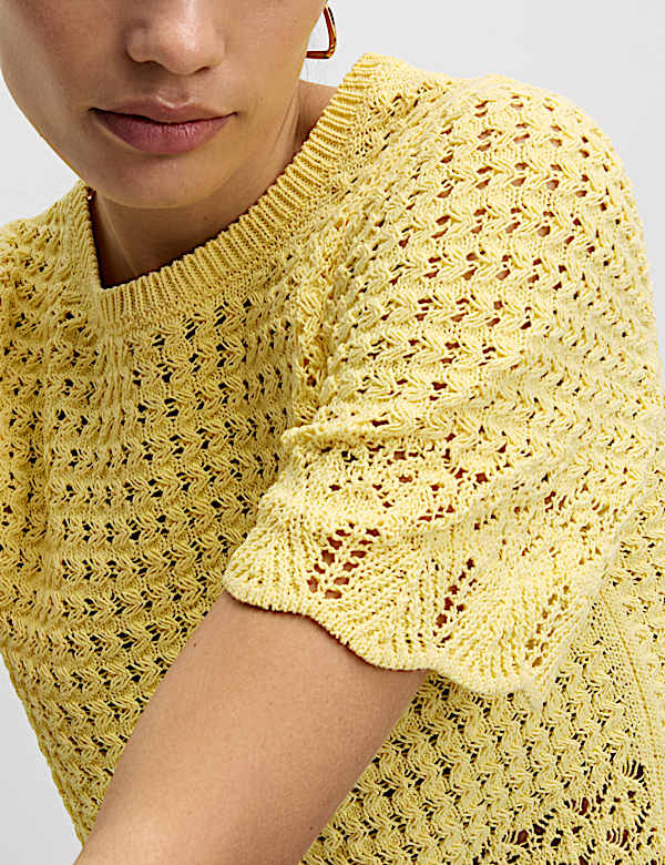 Cotton Blend Pointelle Scallop Edge Knitted Top - AT