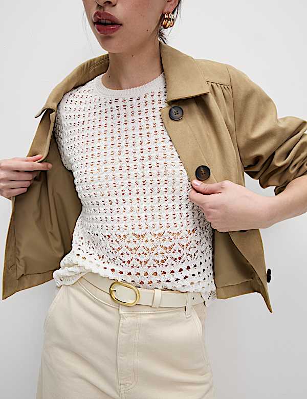 Cotton Blend Pointelle Scallop Edge Knitted Top - US
