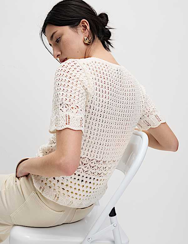 Cotton Blend Pointelle Scallop Edge Knitted Top - US