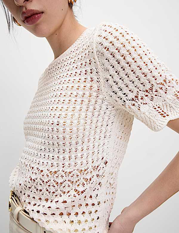Cotton Blend Pointelle Scallop Edge Knitted Top - US