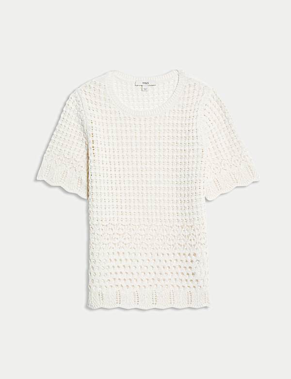 Cotton Blend Pointelle Scallop Edge Knitted Top - US