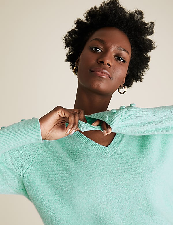 V-Neck Gathered Shoulder Jumper