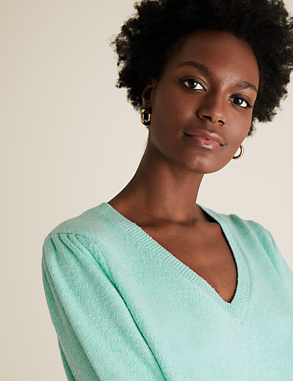 V-Neck Gathered Shoulder Jumper