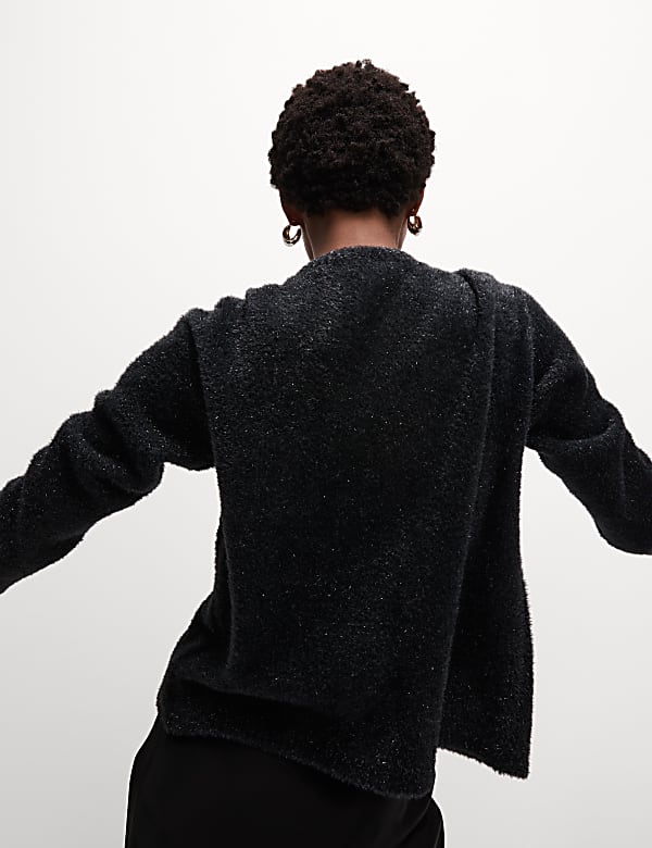 Metallic Crew Neck Button Front Cardigan - HU