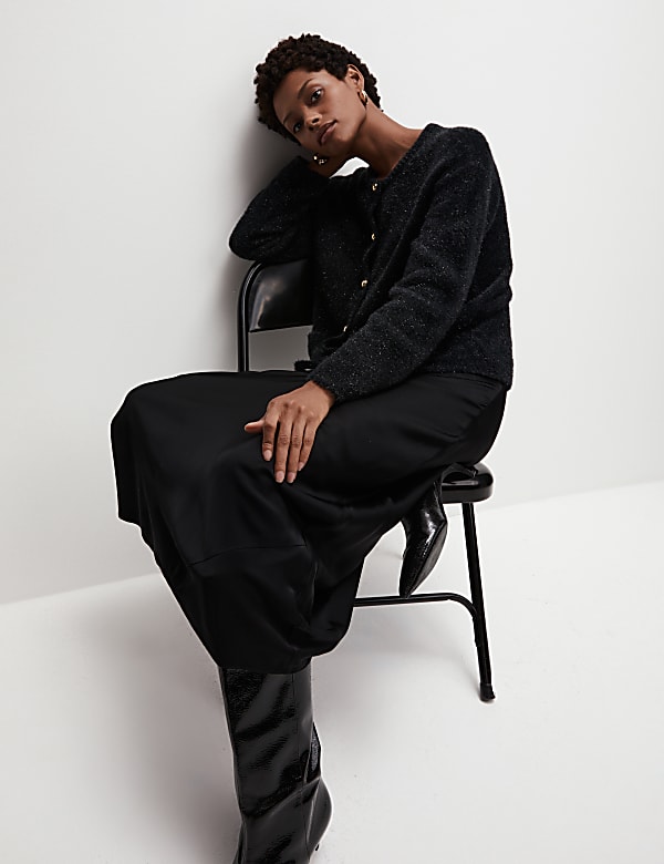 Metallic Crew Neck Button Front Cardigan - HU