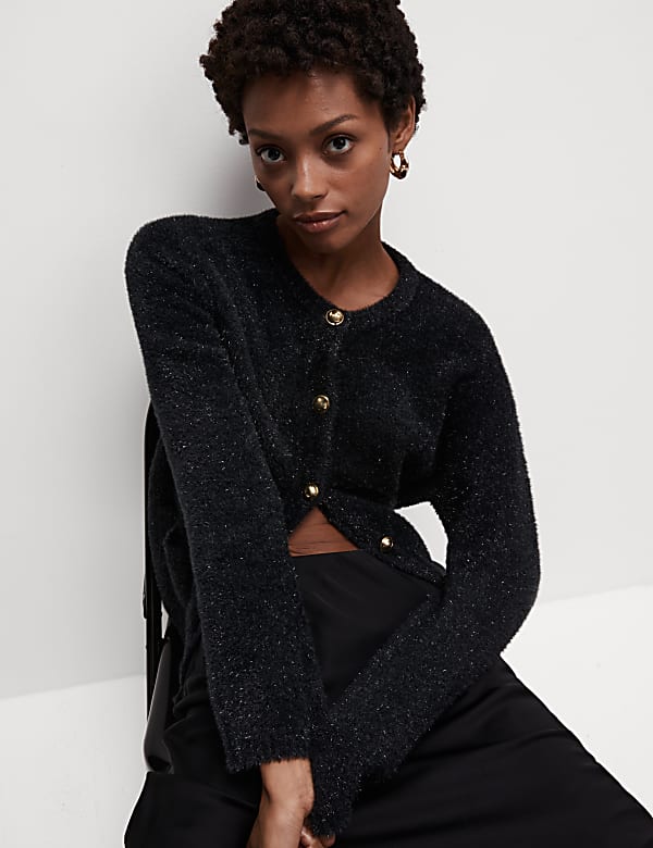 Metallic Crew Neck Button Front Cardigan - HU