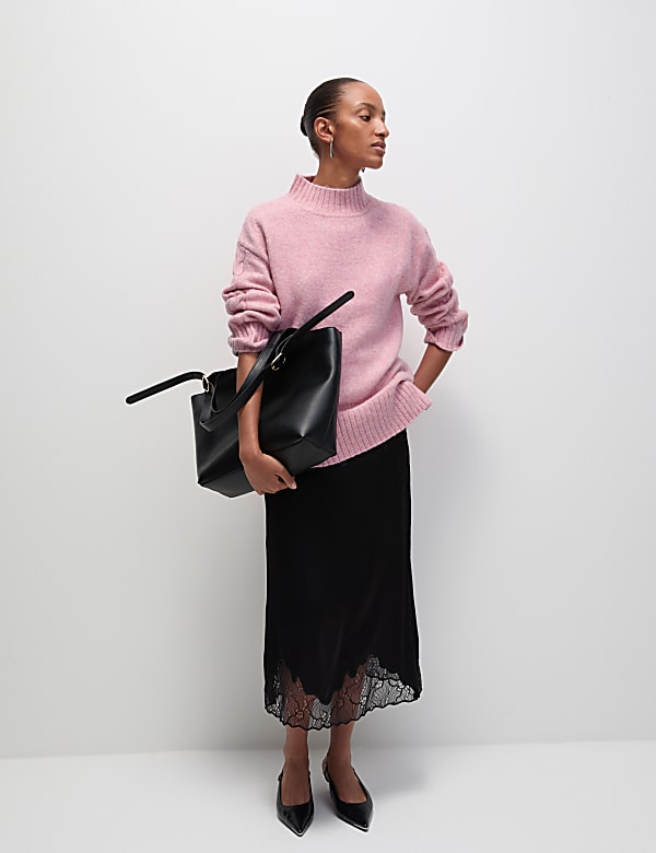 Marks Spencer Textured Funnel Neck Jumper with Alpaca Wool Rose Pink L