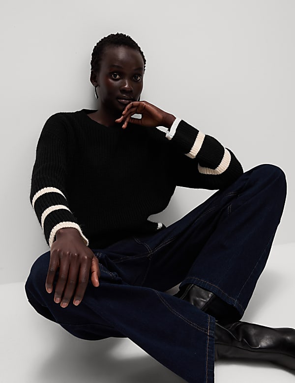 Striped Ribbed Button Detail Relaxed Jumper