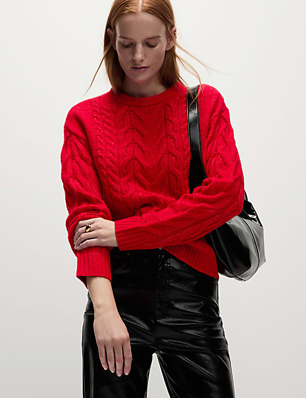 Cable Knit Crew Neck Jumper with Wool