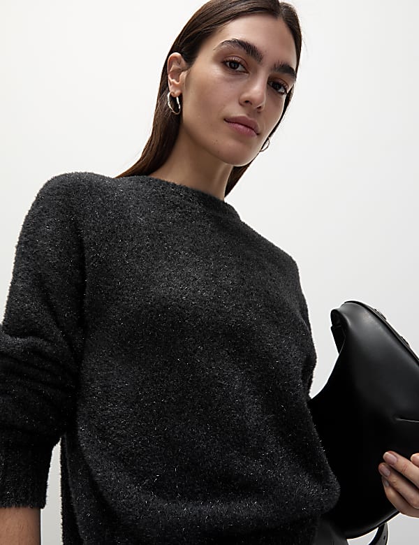 Ribbed Metallic Crew Neck Relaxed Jumper