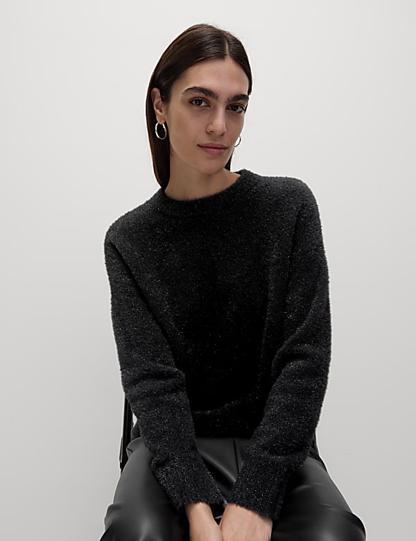 Ribbed Metallic Crew Neck Relaxed Jumper
