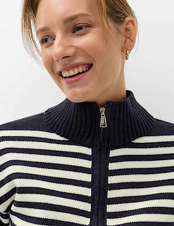 Striped Funnel Neck Zip Up Knitted Jacket With Wool - NZ