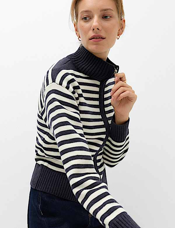 Striped Funnel Neck Zip Up Knitted Jacket With Wool - NZ