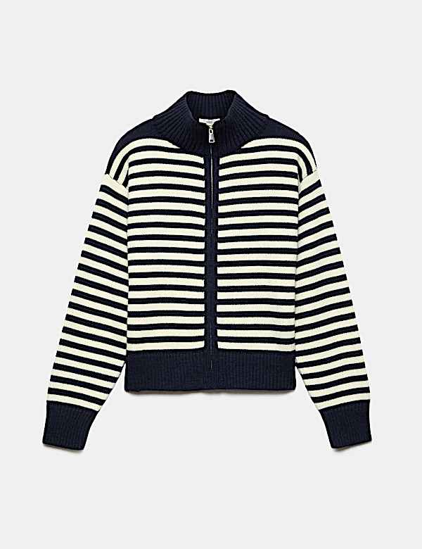 Striped Funnel Neck Zip Up Knitted Jacket With Wool - NZ