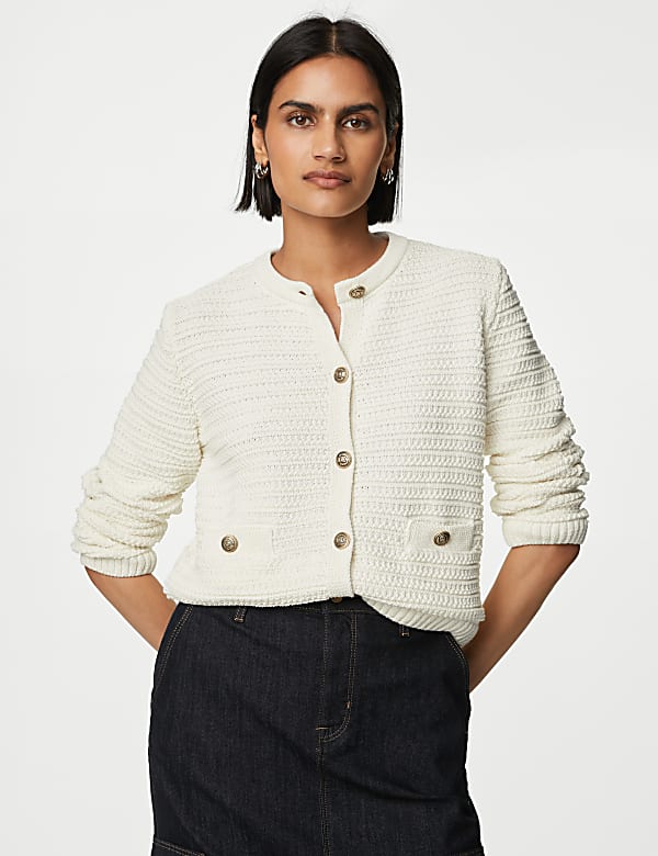 Cotton Blend Textured Knitted Jacket | IVORY | Cardigans | M&S JE