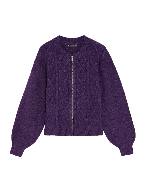 Cable Knit Crew Neck Bomber Cardigan