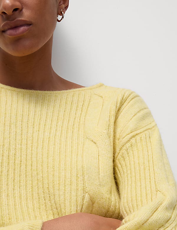 Cable Knit Crew Neck Jumper with Wool - FI