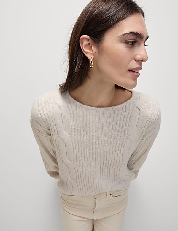 Cable Knit Crew Neck Jumper with Wool - NZ