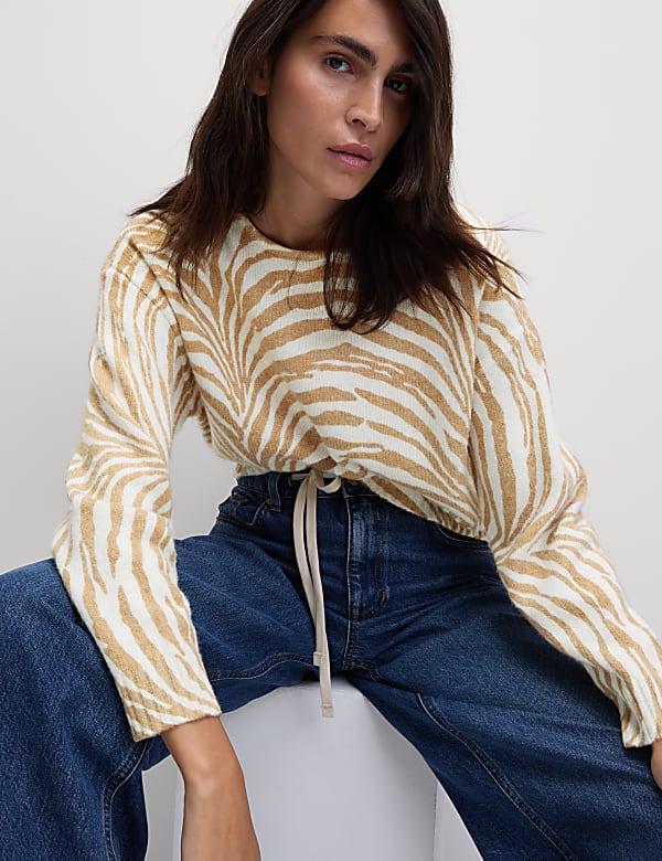 Animal Print Ribbed Relaxed Jumper with Wool - US