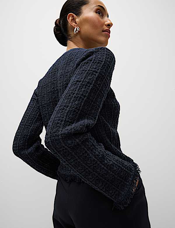 Cotton Rich Knitted Crew Neck Fringe Cardigan - AL