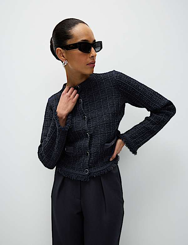 Cotton Rich Knitted Crew Neck Fringe Cardigan - AL