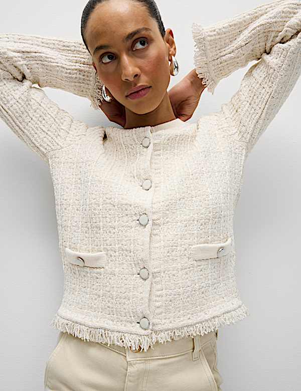 Cardigan en coton tricot&eacute; &agrave; col rond et franges - LU