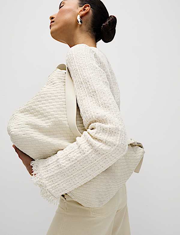 Cardigan en coton tricot&eacute; &agrave; col rond et franges - LU