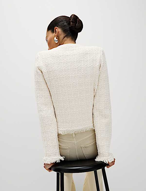 Cardigan en coton tricot&eacute; &agrave; col rond et franges - LU