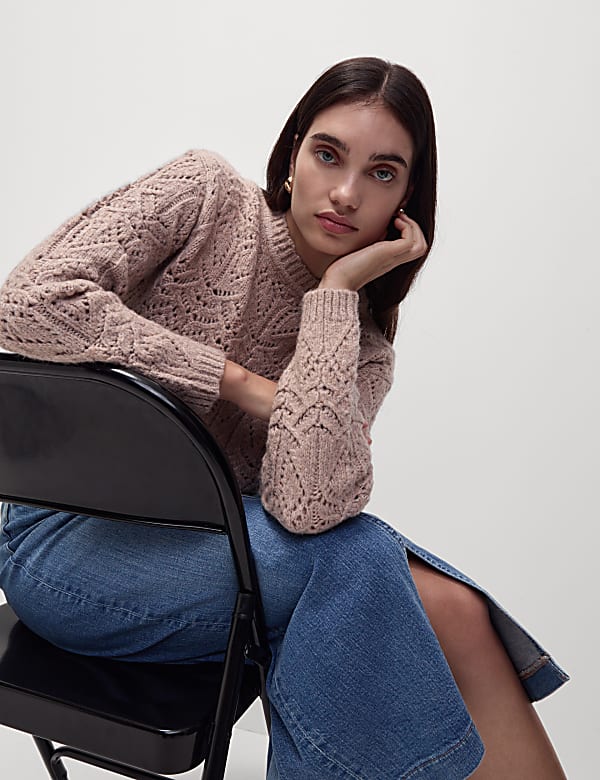 Textured Crew Neck Relaxed Fit Jumper with Wool