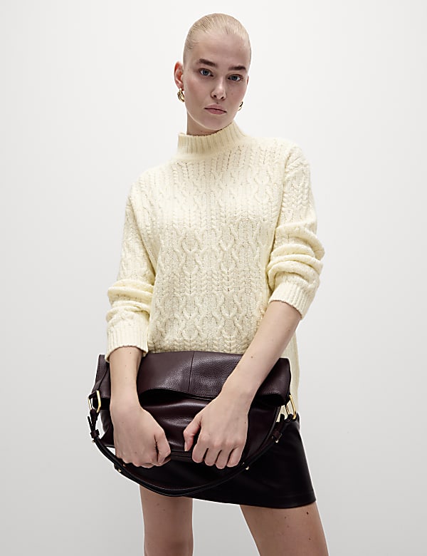 Cable Knit Funnel Neck Jumper with Wool - MV