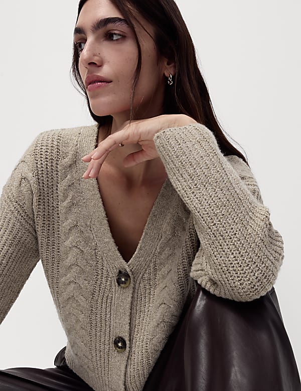 Textured V-Neck Relaxed Cardigan with Wool - US