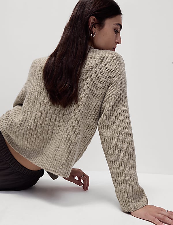 Textured V-Neck Relaxed Cardigan with Wool - US