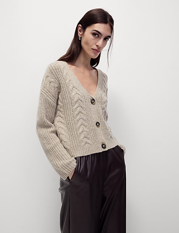 Textured V-Neck Relaxed Cardigan with Wool - US