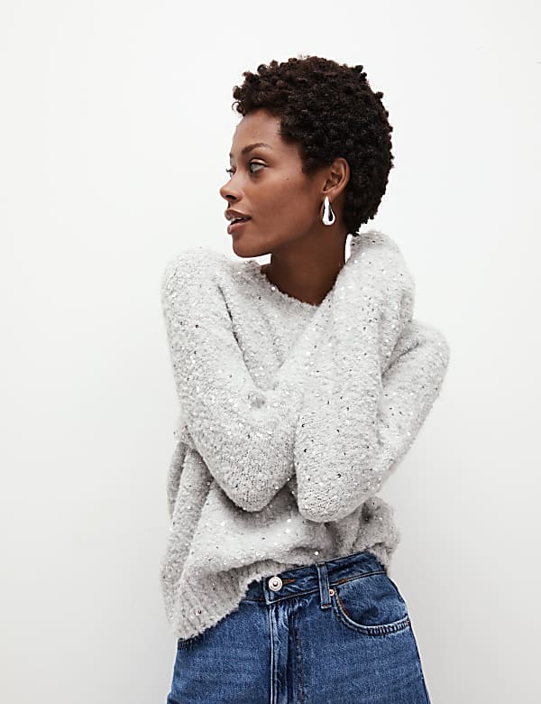 Boucle Sequin Crew Neck Jumper with Wool GREY Jumpers M S BE