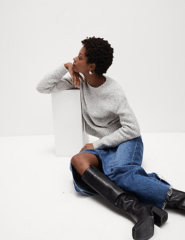 Bouclé Sequin Crew Neck Jumper with Wool
