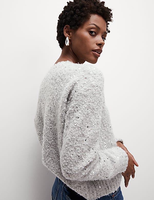 Bouclé Sequin Crew Neck Jumper with Wool