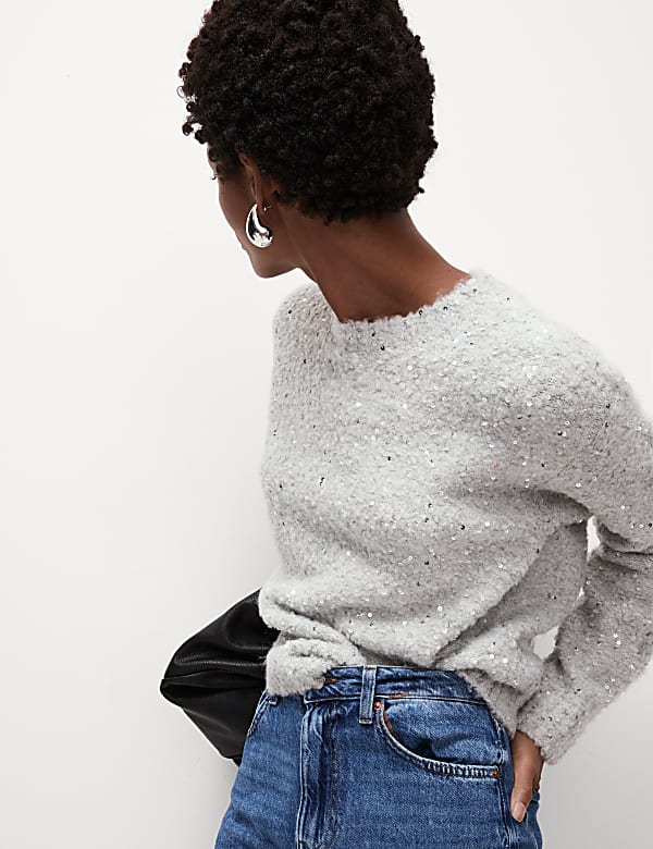 Bouclé Sequin Crew Neck Jumper with Wool