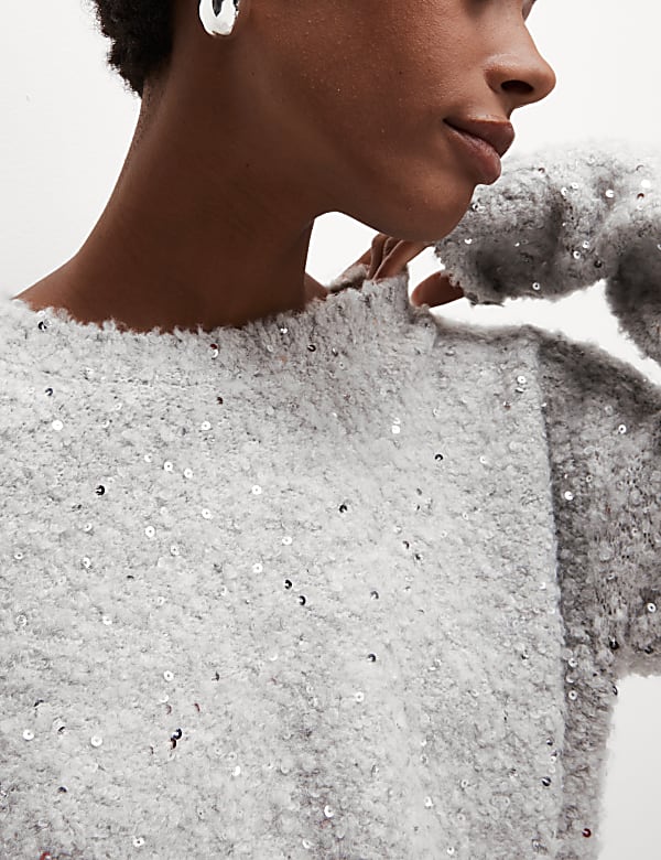 Bouclé Sequin Crew Neck Jumper with Wool