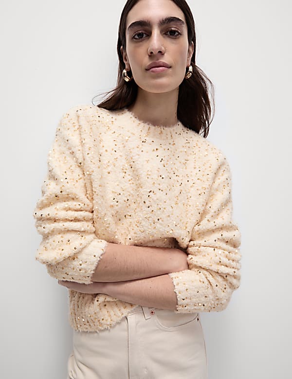 Boucle Sequin Crew Neck Jumper with Wool GREY Jumpers M S MY